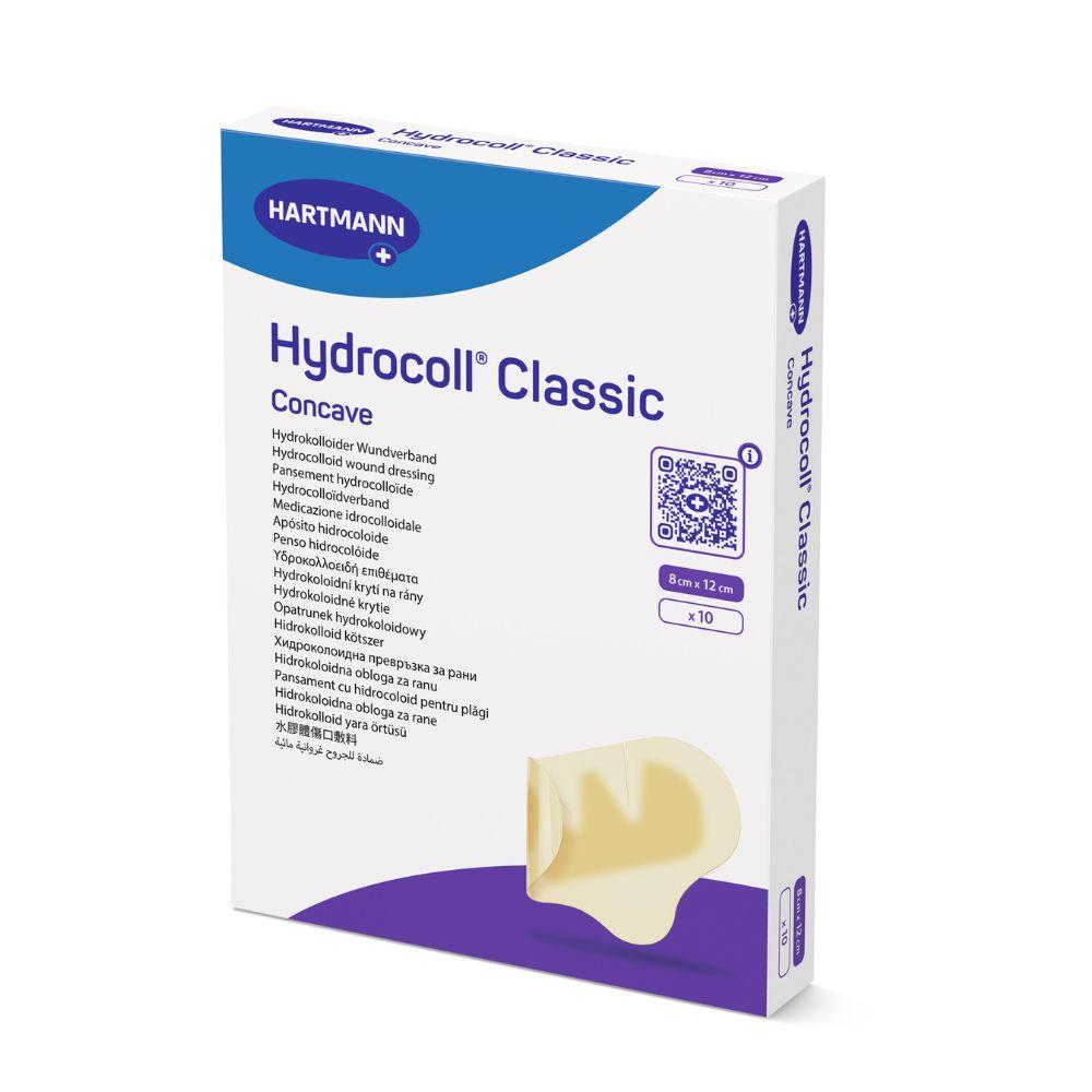 Box Hartmann Hydrocoll® Classic Concave sterile (8 x 12 cm, 10 pieces) by Paul Hartmann AG. Ideal for moist wound treatment to promote granulation and epithelialization. White-blue packaging with purple accent.
