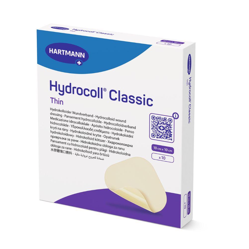 A package of Hartmann Hydrocoll® Classic Thin sterile dressing, individually sealed by Paul Hartmann AG, contains 10 pieces (10 cm x 10 cm) with the brand logo and a partial image of a beige dressing for moist wound treatment.
