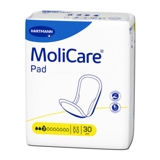 Eine 30er-Packung Hartmann MoliCare® Pad Einlage bei Inkontinenz der Paul Hartmann AG mit Saugkern und Saugstärke 3 (drei schwarze Tropfen). Die weiße Verpackung ist mit blau-gelben Akzenten und Unisex-Symbolen versehen.