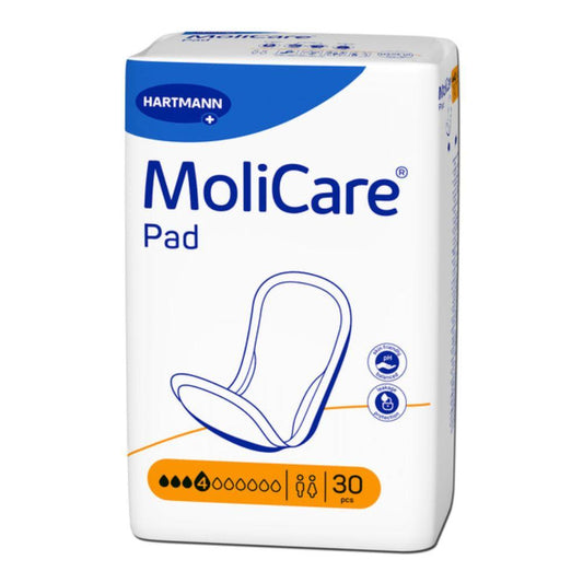 Eine Packung mit 30 Hartmann MoliCare® Pad Einlagen bei Inkontinenz von Paul Hartmann AG gegen Blasenschwäche. Die weiße Packung mit blau/gelben Akzenten zeigt auf der Vorderseite den Produktnamen, die Saugstärke und Funktionssymbole.