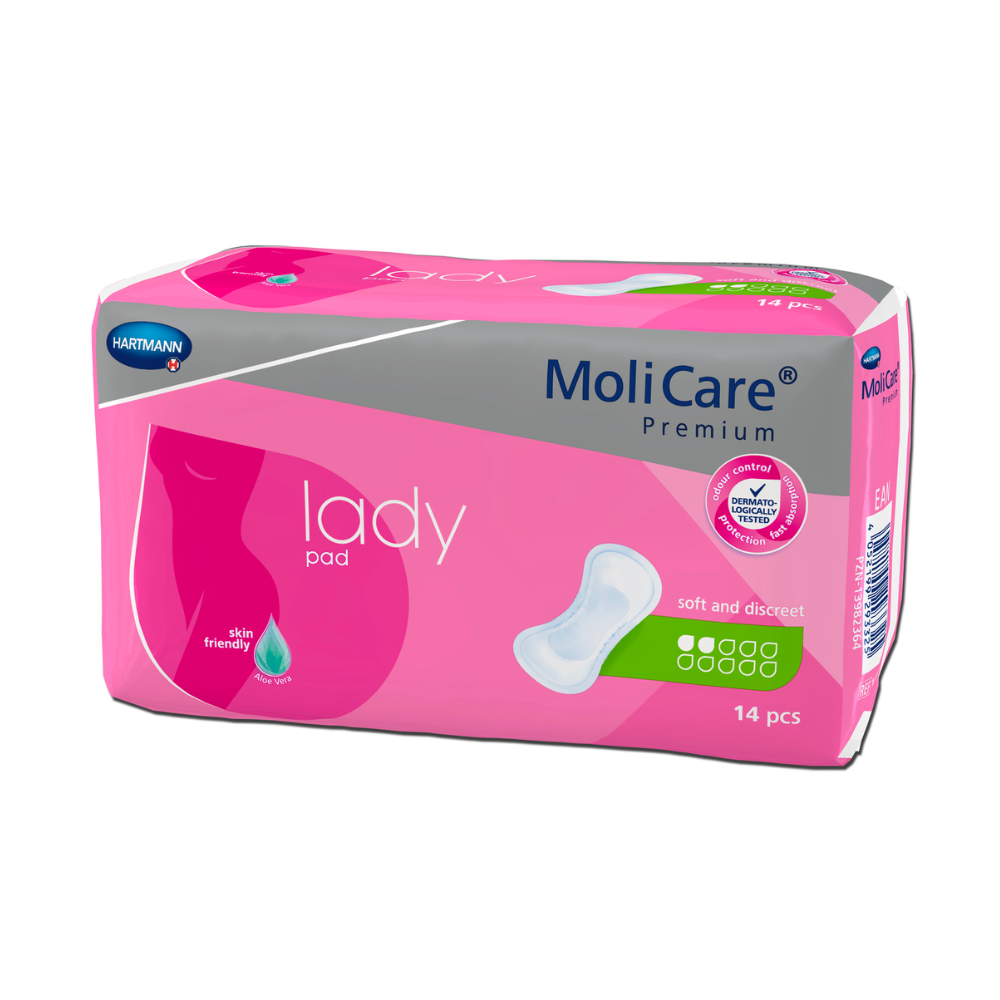 Dieses Bild zeigt eine Packung Hartmann MoliCare® Premium lady pad Einlagen. Die Verpackung ist rosa und grau mit weißem Text. Das Produkt der Paul Hartmann AG für leichte Blasenschwäche wird als weich und diskret, hautfreundlich beworben und enthält 14 Stück. Auf der Vorderseite ist ein kleines Bild eines Pads zu sehen.