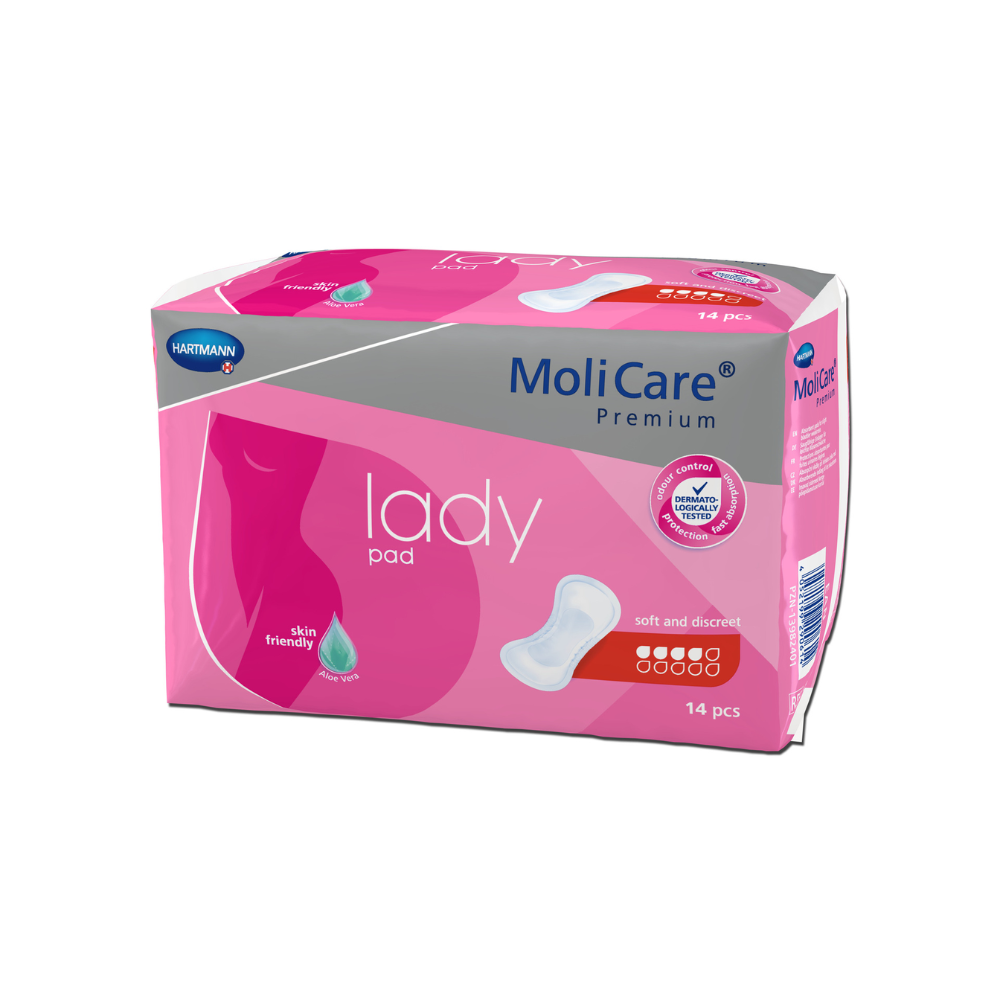 Abgebildet ist eine Packung Hartmann MoliCare® Premium Lady Pad Einlagen. Die rosa-weiße Verpackung zeigt auf der Vorderseite eine weibliche Silhouette und enthält 14 Pads. Diese Lady Pads sind mit dem Logo der Paul Hartmann AG versehen und werden als „weich und diskret“ und „hautfreundlich“ beschrieben, perfekt für leichte Blasenschwäche.