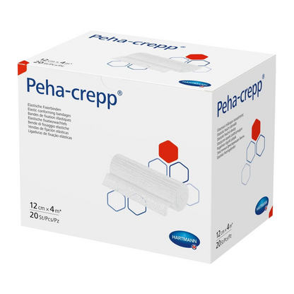 A box of Hartmann Peha-crepp® super-elastic fixation bandage - 20 pieces by Paul Hartmann AG with information on size and quantity. The box is white with blue and red text and diagrams.