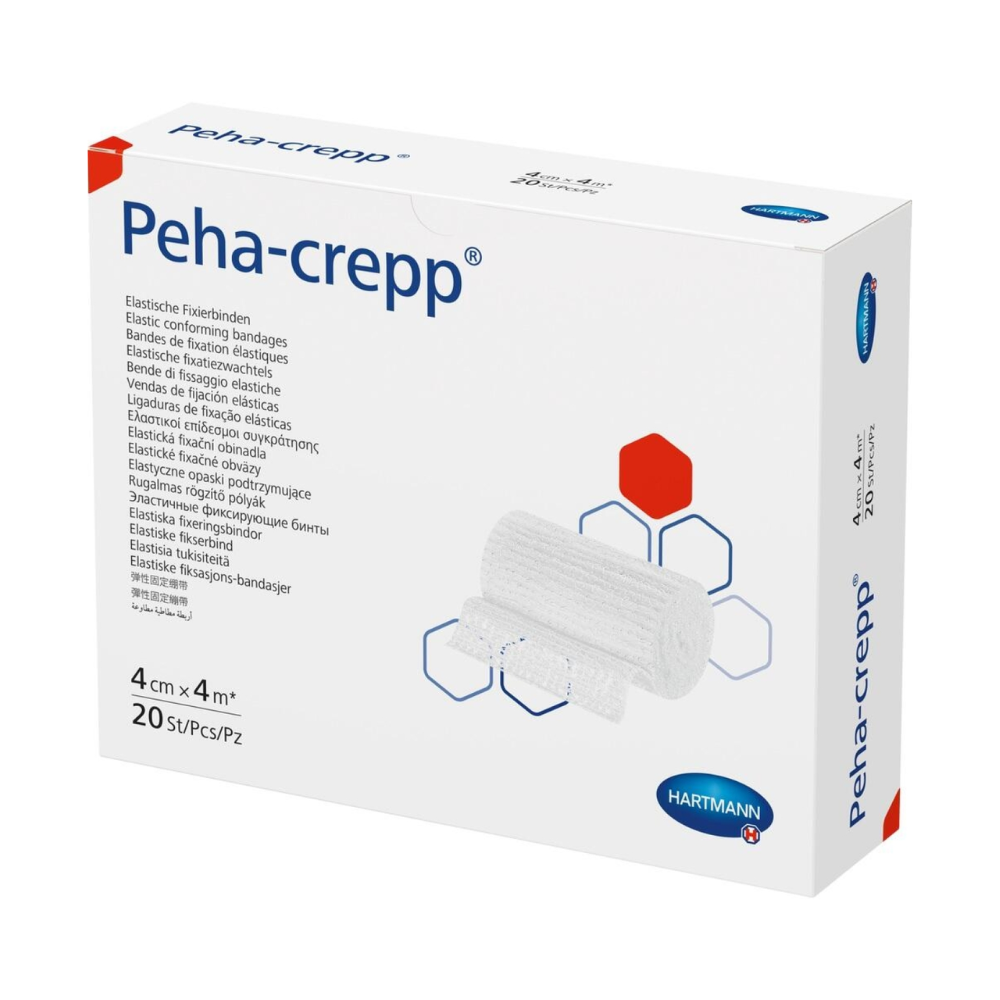 Box with Hartmann Peha-crepp® super-elastic fixation bandages - 20 pieces by Paul Hartmann AG with product details and image of the bandage. The text on the packaging is multilingual.