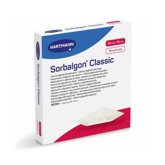 Abgebildet ist eine Packung Hartmann Sorbalgon® Classic Calciumalginat-Kompressen der Paul Hartmann AG. Die überwiegend weiße Verpackung mit blauen und roten Elementen trägt die Aufschrift „Calciumalginat-Kompressen“ und enthält 10 Kompressen mit den Abmessungen 10 cm x 10 cm.