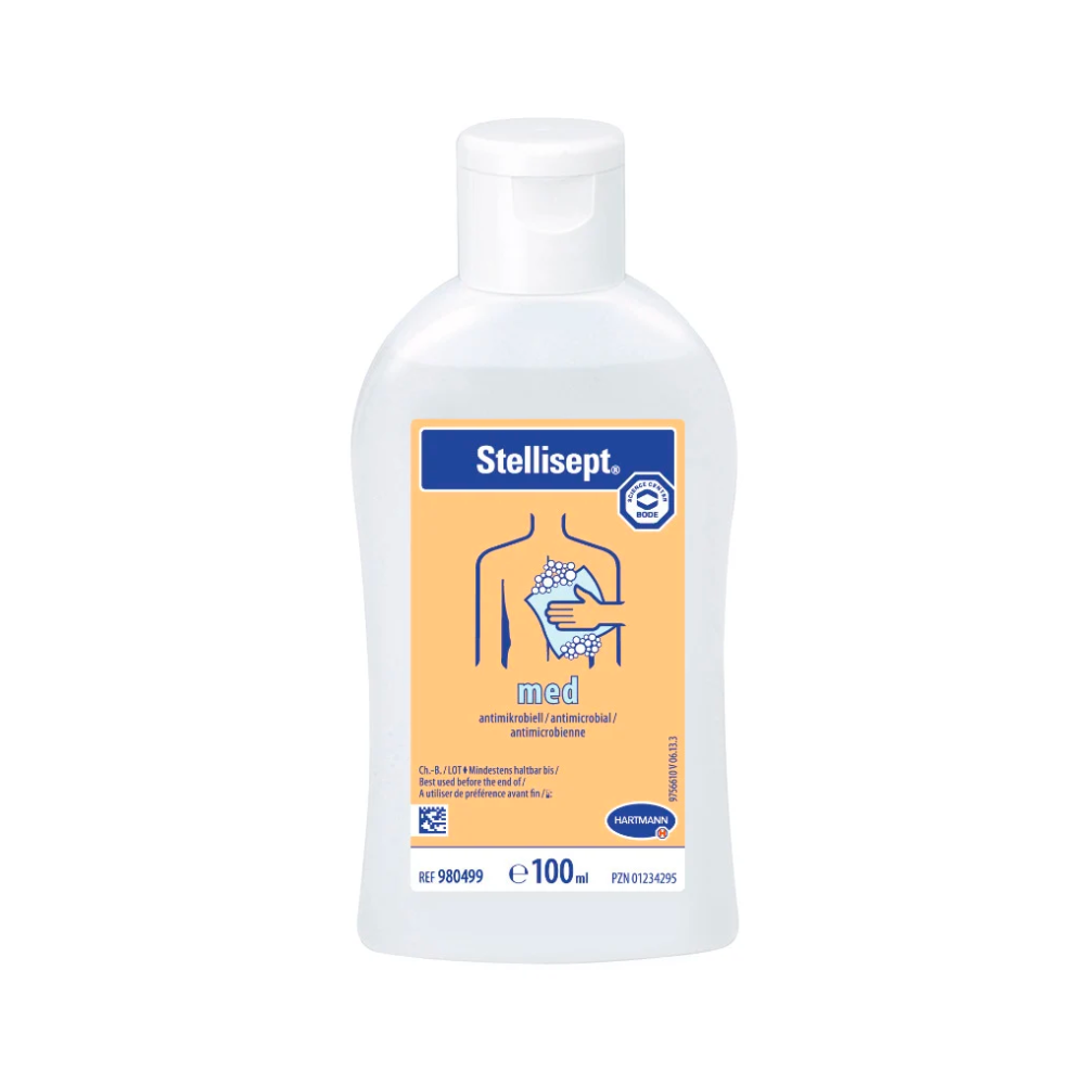 A bottle of Hartmann Stellisept® med antimicrobial wash lotion with a blue-orange label featuring symbols and text, including a hand and a drop, indicating its use.