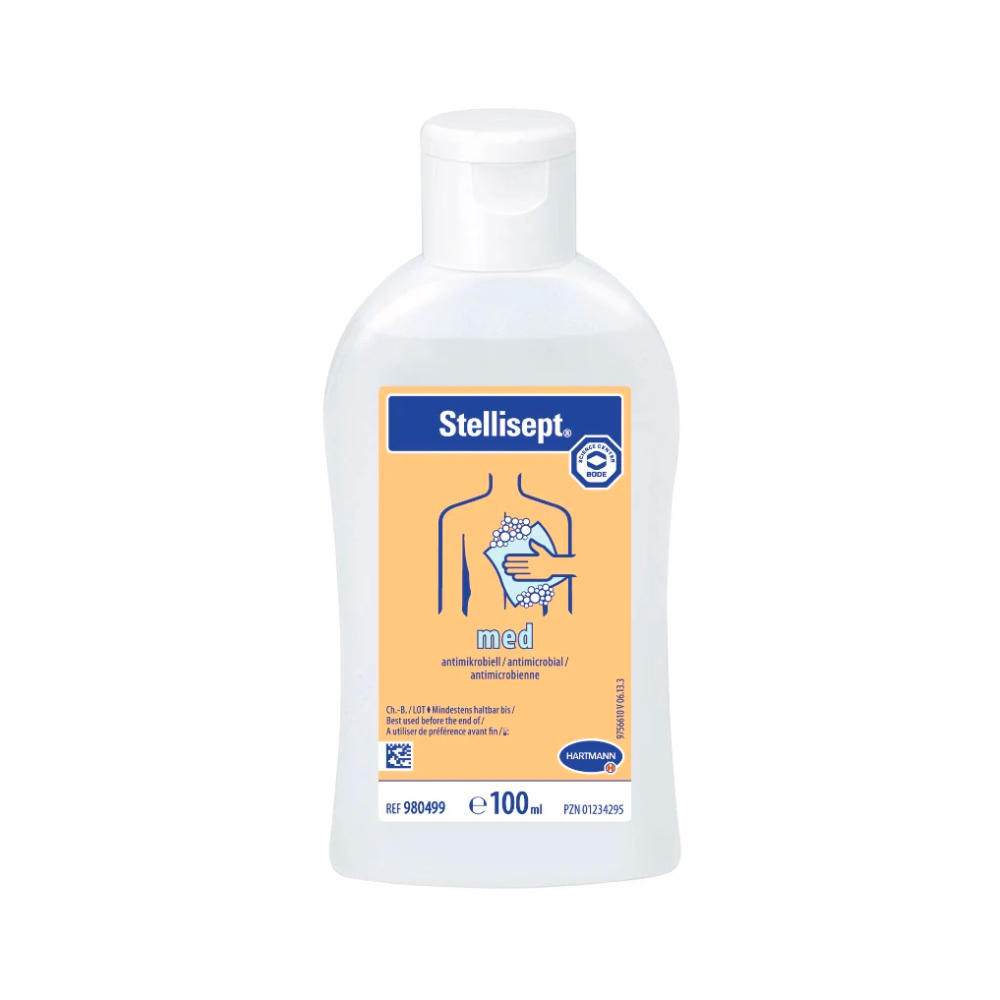 Eine Flasche Hartmann Stellisept® med antimikrobielle Waschlotion mit einem blau-orangen Etikett, auf dem Symbole und Text, darunter eine Hand und ein Tropfen, als Hinweis auf die Anwendung zu sehen sind.