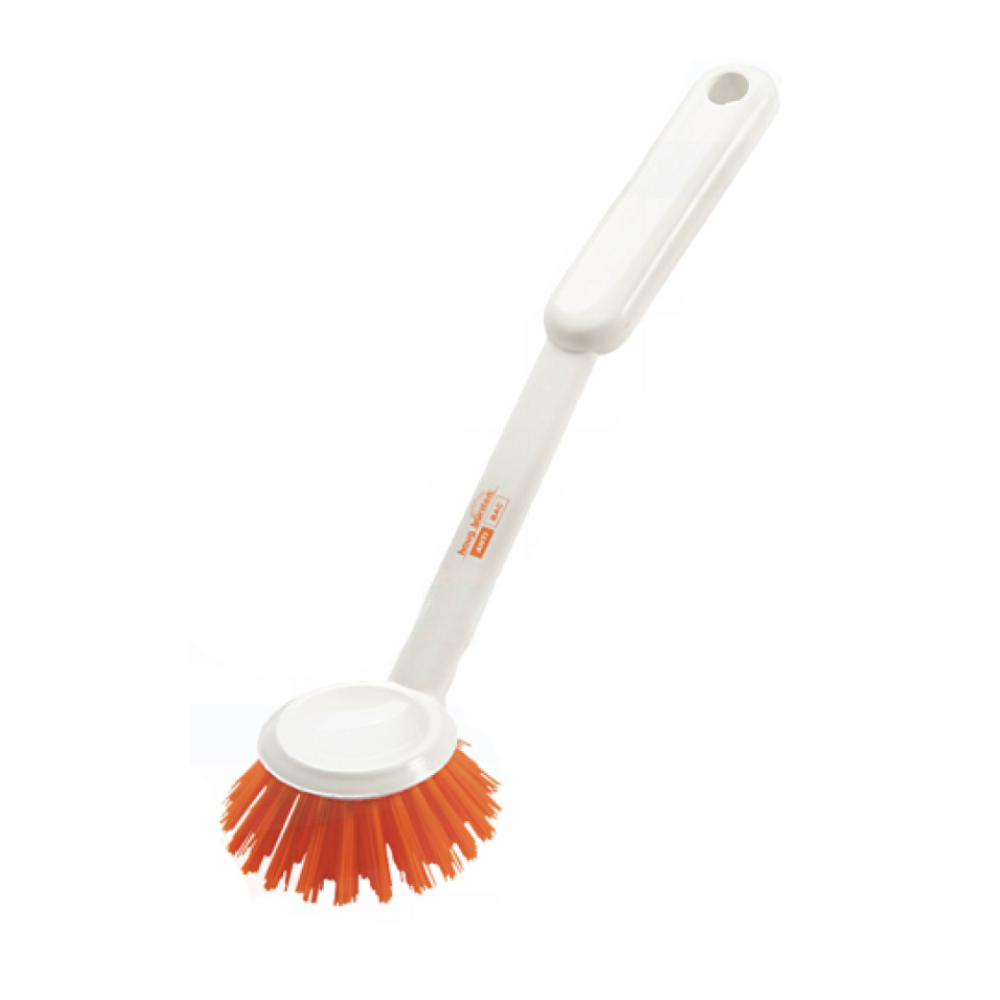 The Haug ANTI BAC round dish brush Orange ø 0.50 mm Hard by Haug Bürsten KG is a dish brush with a white handle and bright orange, stiff polyester bristles. For additional comfort, the handle has a small hole at the top for easy hanging and complies with HACCP standards.