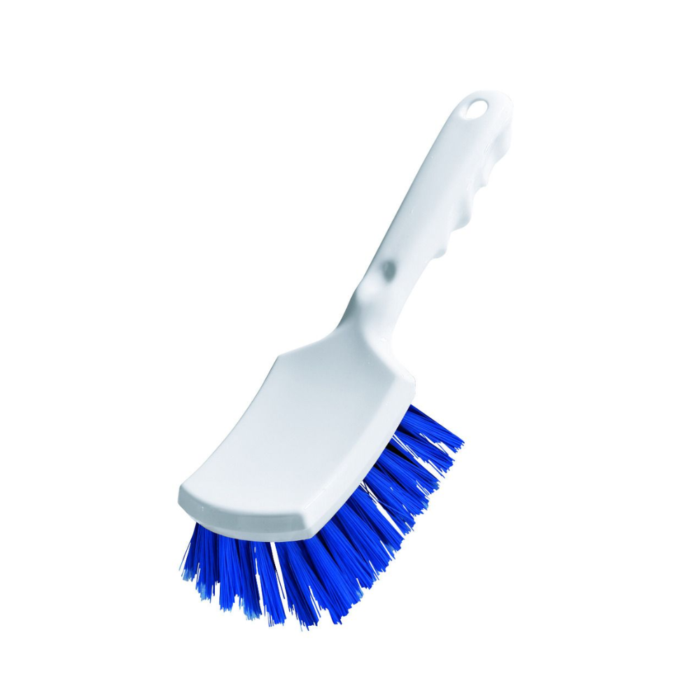The Haug car wash brush from Haug Bürsten KG is a white hand brush with an ergonomic handle and curved design, ideal for vehicle care. It features outward-angled, stiff blue bristles for effective cleaning and has a convenient hanging hole in the handle.