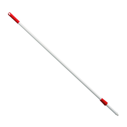 A long, non-conductive broom handle made of fiberglass steel in white with a length of 1450 mm, a red handle, and a red threaded end for attachment. The broom handle designed by Haug Bürsten KG features an ergonomic hole at the top for convenient hanging.