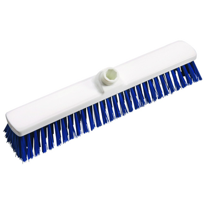 The Haug large-area brush PBT 400x60x120 mm from Haug Bürsten KG features a white rectangular base and blue bristles, as well as a handle mounting hole on the top. It is perfect for professional cleaning and offers reliability and efficiency in the food industry.