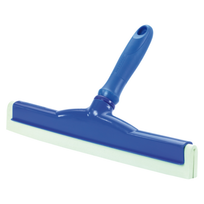 A Haug hand squeegee with food-grade rubber, available in various colors, features a sturdy handle and a wide, flat, angled rubber blade. This product from Haug Bürsten KG is ideal for hygienic applications and was developed for cleaning smooth surfaces such as windows or shower doors in compliance with HACCP standards.