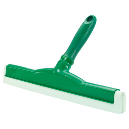 We present the Haug hand squeegee with food-grade rubber from Haug Bürsten KG, available in various colors. This green hand window squeegee is equipped with a straight white rubber blade made of food-grade rubber and features an ergonomic green handle for easy gripping, making it ideal for hygienic applications.