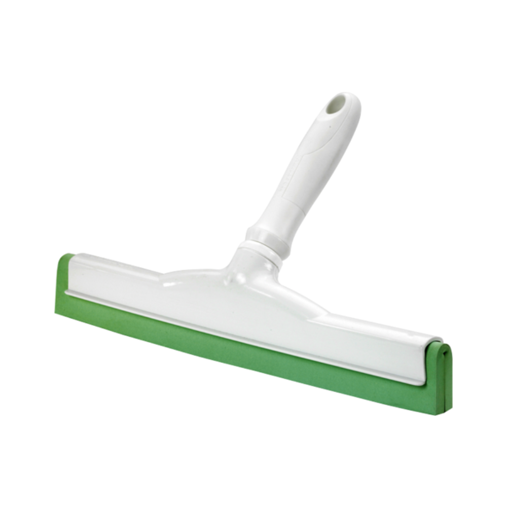 A Haug hand squeegee with food-grade rubber in white and green with a plastic handle suitable for hygienic applications stands against a simple white background. Its wide blade is designed for cleaning windows or smooth surfaces and complies with HACCP standards for safety and cleanliness.