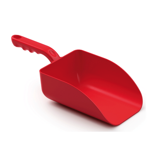 This Haug Bürsten KG Large Hand Scoop PP is a red plastic scoop with dimensions of 328x136x79 mm. It features a wide, deep basin and a handle with finger grooves, all on a white surface. The scoop is HACCP certified, thus guaranteeing it meets safety standards for your requirements.