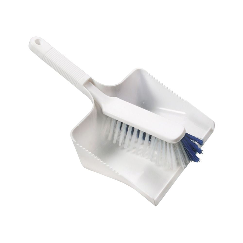 The Haug Sweeping Set Hard White (350 x 222 x 110 mm) from Haug Bürsten KG includes a white dustpan and a broom with blue bristles, designed for 2-phase cleaning. The broom has a textured handle and sits neatly on the edge of the dustpan against a simple white background.