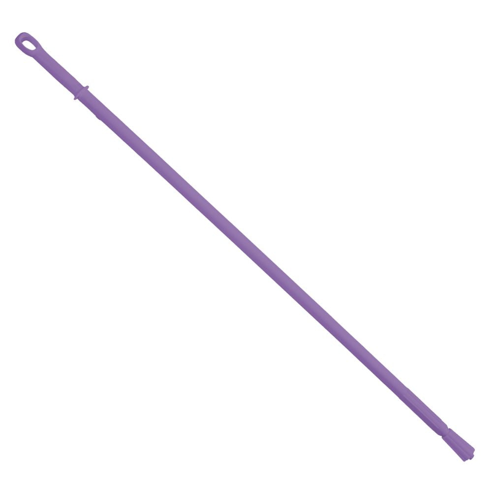 The plastic handle from Haug Bürsten KG is a purple, ergonomic 1500 mm broom handle with a threaded end and hanging hole, made from heat-resistant material for long durability.