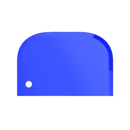 A blue, flat, rectangular Haug scraper small from Haug Bürsten KG has rounded upper corners and a small round hole in the lower left corner. Its smooth and shiny surface is ideal for tasks such as removing stubborn dirt. The background is white.