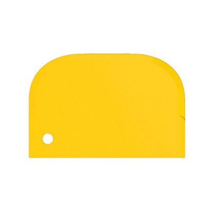 The Haug scraper small 15 x 10 cm from Haug Bürsten KG is a bright yellow, rectangular dough scraper made of plastic with rounded edges, perfect for removing stubborn residues. It features a small round hole in the lower left corner and has a smooth, shiny surface. This product complies with food-grade standards.