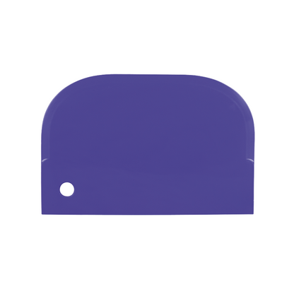 A small purple dough scraper made of plastic from Haug Bürsten KG with a practical hole in the corner on a white background. It is not only perfect for baking but also food-safe and excellent for removing stubborn dirt.