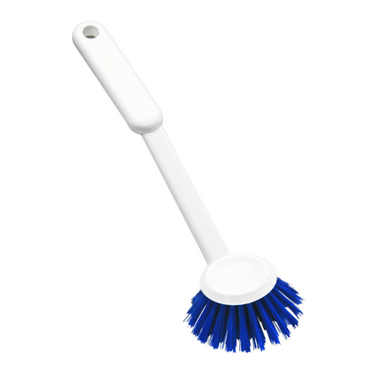 A dish brush from Haug Bürsten KG with a long handle and sturdy blue bristles is made from durable PBT material and meets HACCP standards for cleanliness and safety.