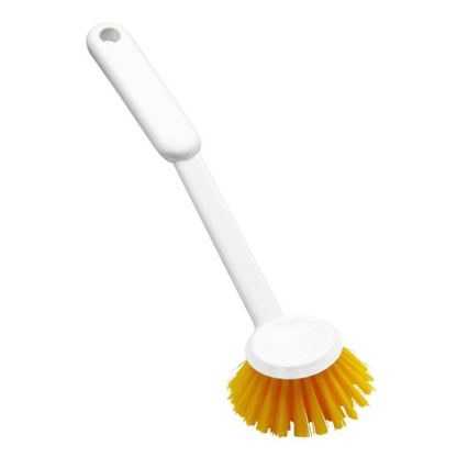 A white Haug dish brush from Haug Bürsten KG with bright yellow bristles made from durable PBT material and a long handle pointing downward on a plain white background meets the requirements of HACCP standards.