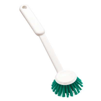 A durable Haug dish brush made from PBT material with a long handle and green bristles is isolated on a white background.