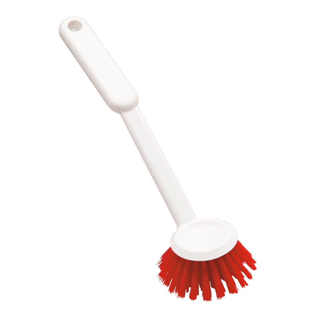 The Haug round dish brush PBT is depicted on a plain white background and features a long handle with red bristles made from durable PBT material. The bristles form a circular pattern at the end and comply with HACCP safety standards. This product is offered by Haug Bürsten KG in various colors.