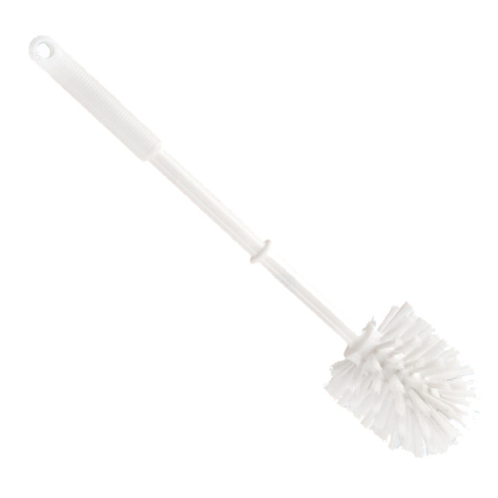 The toilet brush from Haug Bürsten KG in white is made of durable polypropylene and features a long handle with a textured surface for easy handling and a round bristle head with a diameter of 0.35 mm.