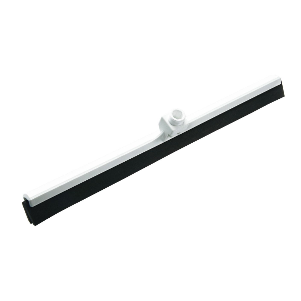 A black and white Haug water squeegee 2-lipped 620 x 35 x 105 mm, with a wide rubber lip and white plastic handle attachment from Haug Bürsten KG. This squeegee is ideal for industrial cleaning applications and is presented on a plain white background, highlighting its effective cleaning properties.