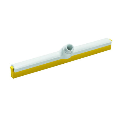 The squeegee from Haug Bürsten KG features a yellow-white 2-lip food-grade rubber blade (420 x 35 x 25 mm) with a plastic handle attachment designed for improved durability and hygiene maintenance on various surfaces.
