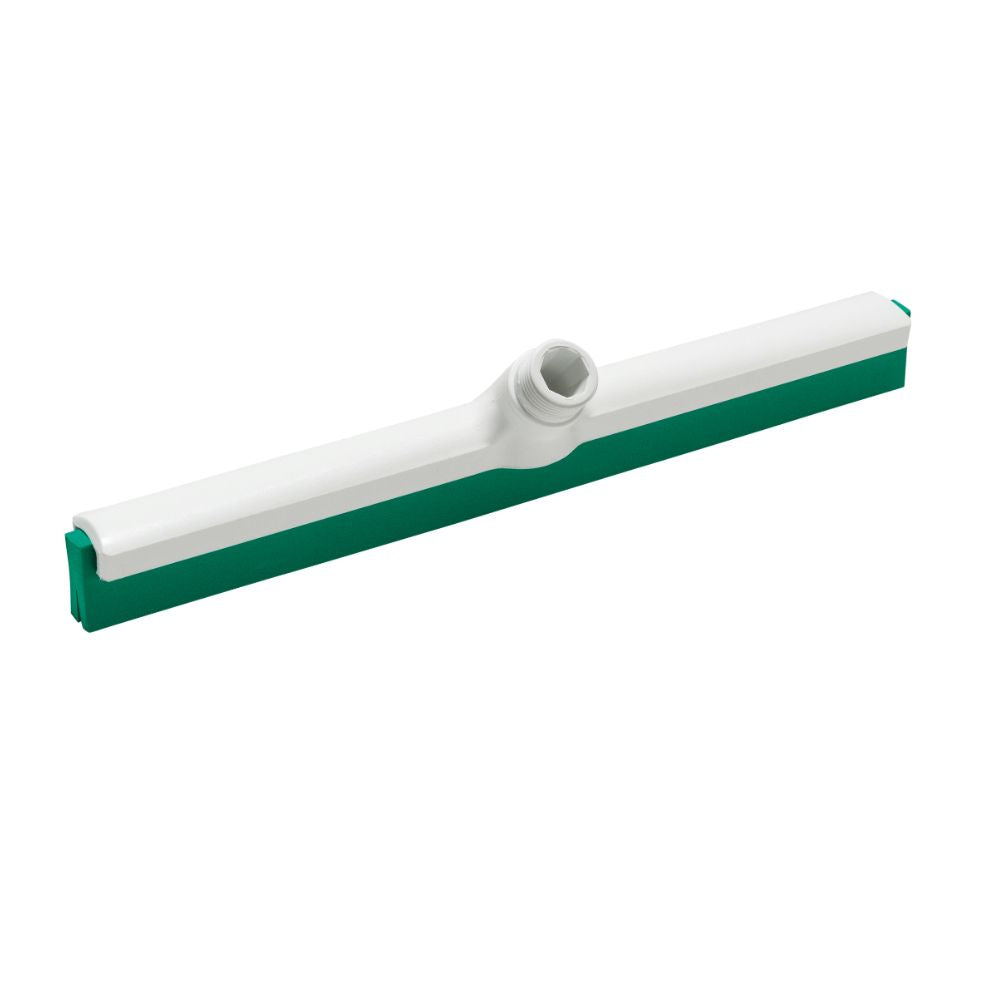 The Haug squeegee from Haug Bürsten KG is a white-green floor squeegee in a rectangular design with a food-grade green rubber lip and a socket for handle attachment.