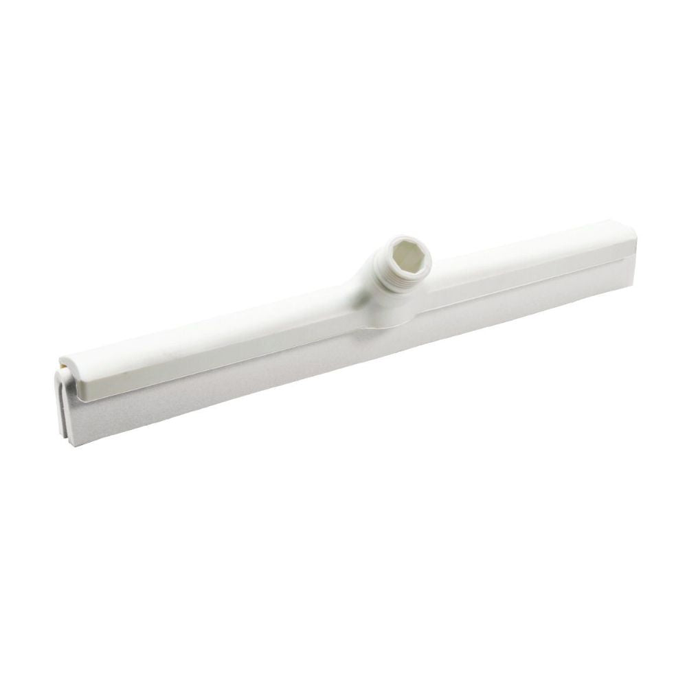The Haug squeegee with 2 lips made of food-grade rubber from Haug Bürsten KG features a white, flat rubber blade and a central socket for handle attachment, offering the highest hygiene and efficiency on a plain white background.