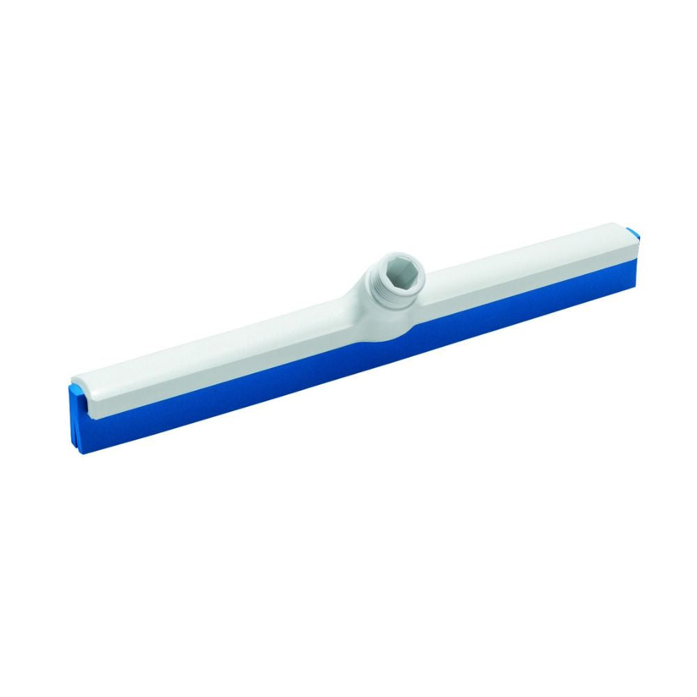 The Haug Bürsten KG squeegee with 2 lips features a white handle, a blue food-grade rubber blade, and a centered handle attachment. Ideal for cleaning surfaces, it efficiently removes water and dirt with optimal balance. Dimensions: 420 x 35 x 25 mm.