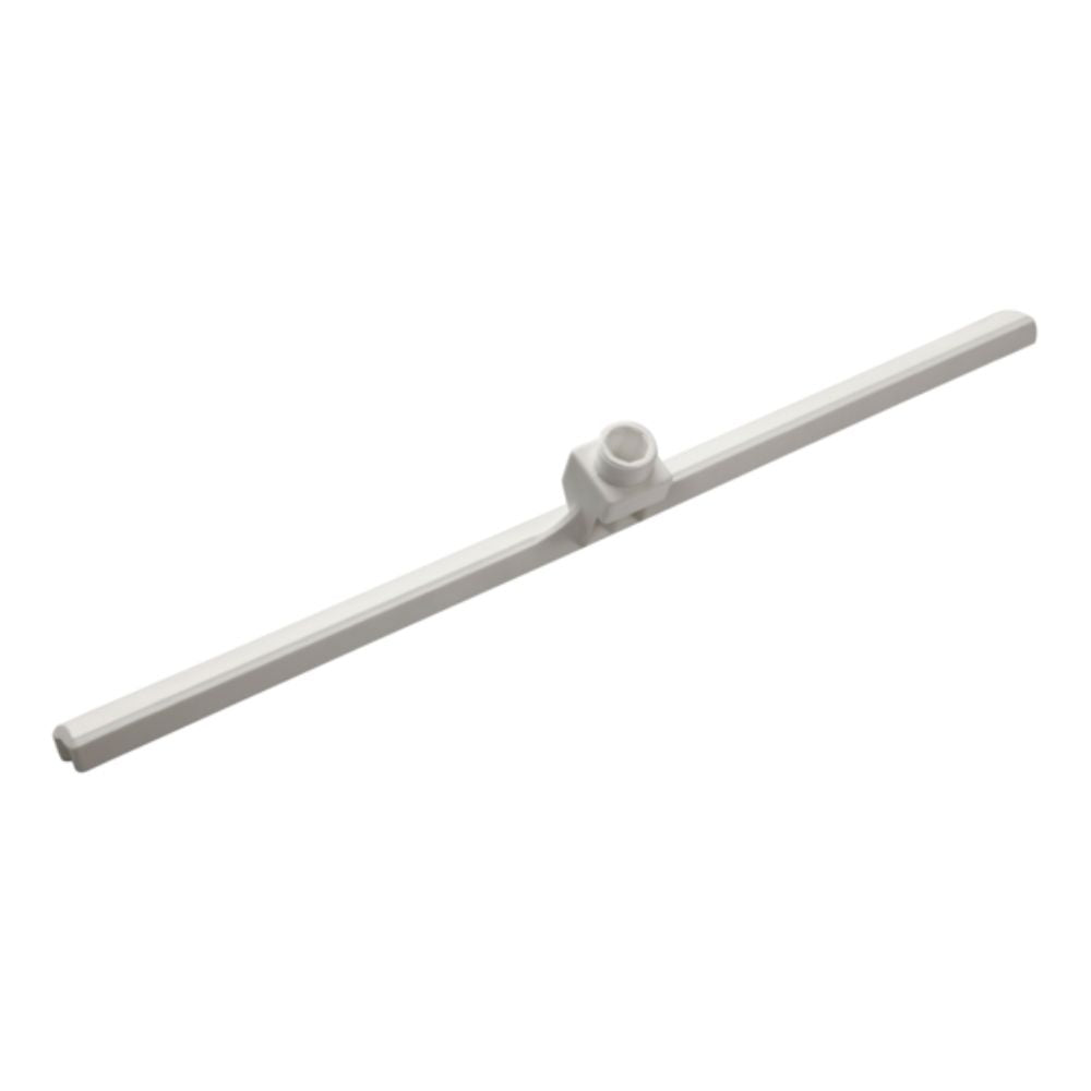 A T-shaped white plastic part from Haug Bürsten KG, which resembles the Haug water squeegee body fiberglass white and features a vertical center part with a round socket and horizontal arms, likely for mounting or hygiene purposes. Dimensions: 615 x 32 x 70 mm.