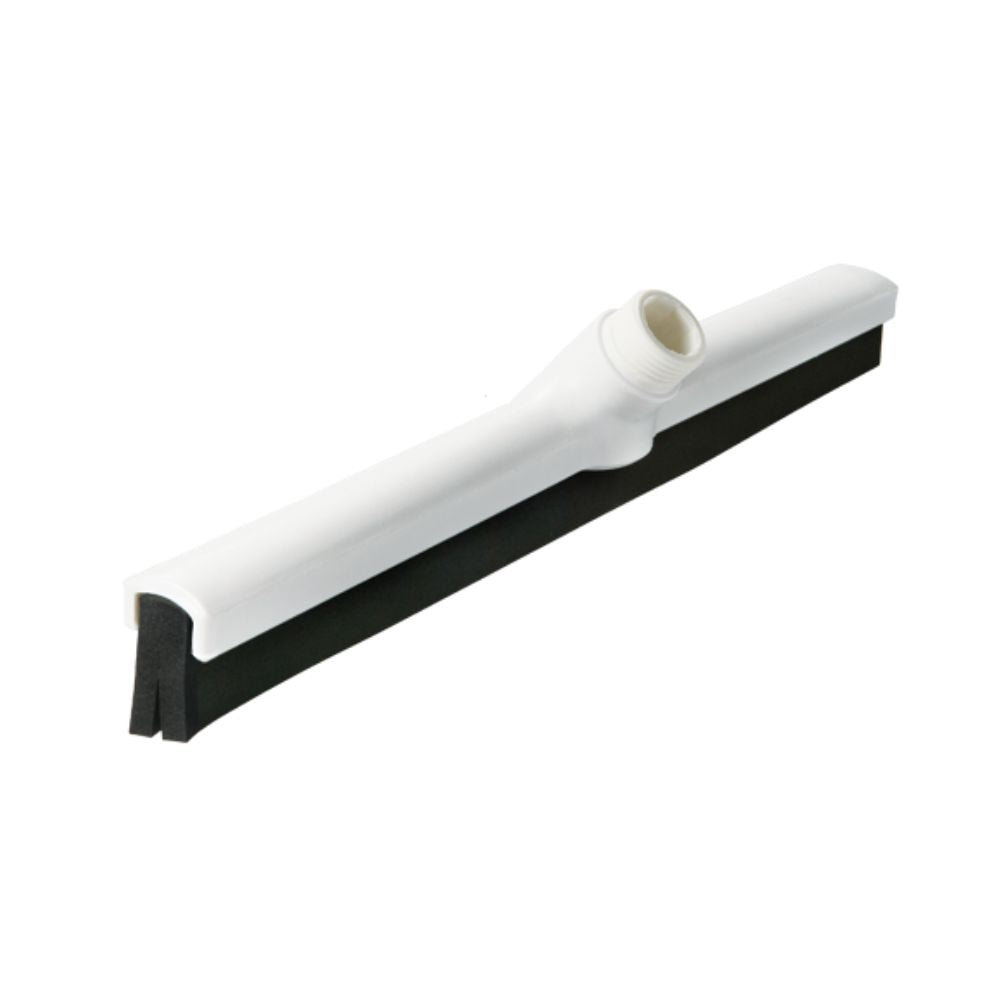 The Haug water squeegee with interchangeable profile from Haug Bürsten KG is a white squeegee head with a double lip, a central mounting bush, and a black rubber lip for excellent cleaning properties. With its minimalist and functional design, it efficiently removes water from flat surfaces. Dimensions: 420 x 35 x 25 mm.