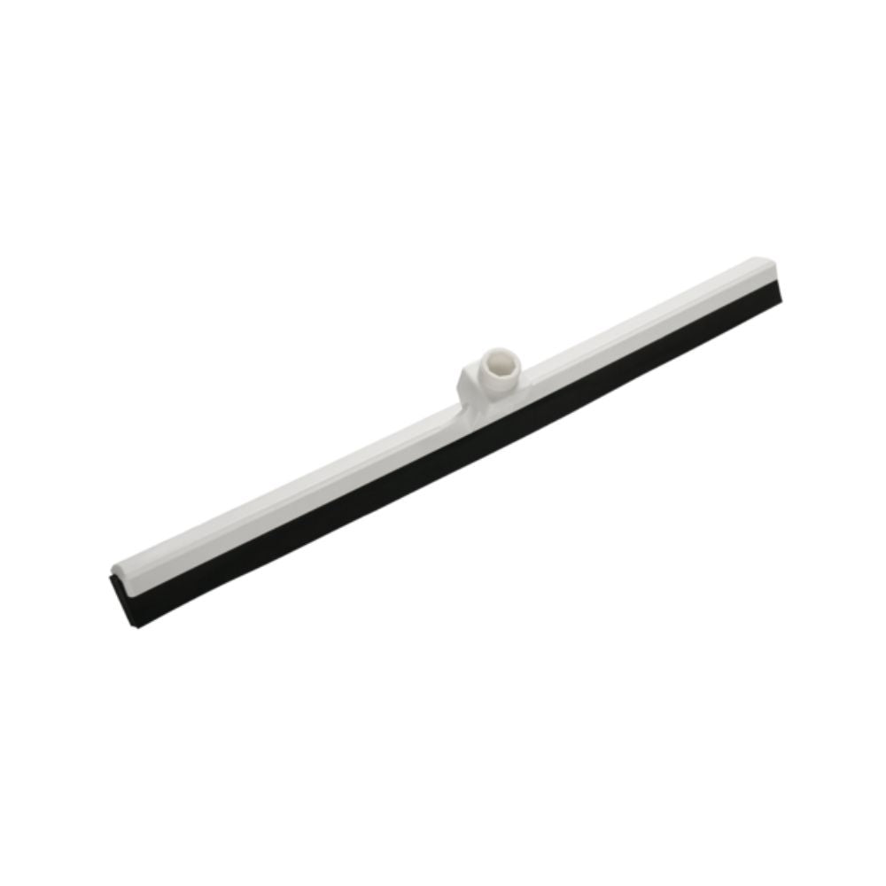The image shows a floor squeegee from Haug Bürsten KG with a white handle socket and a long black rubber lip that meets HACCP standards. Positioned horizontally on a plain white background, this tool ensures efficient cleaning. Full product name: Haug Water Squeegee with Double Lip Exchangeable Profile 620 x 35 x 105 mm.