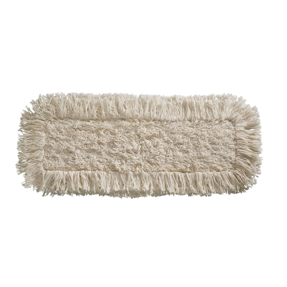 The mop cover fringe mop from Haug Bürsten KG is presented in a rectangular, cream-colored design. It features a shaggy fringe edge and a textured microfiber surface made of 70% cotton and 30% polyester, ideal for effective dusting or floor cleaning.