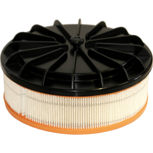 The Arcora M5Plus replacement HEPA filter from Arcora International GmbH is a round filter with an orange base, white pleated HEPA material, and a black cover with radial support ribs.