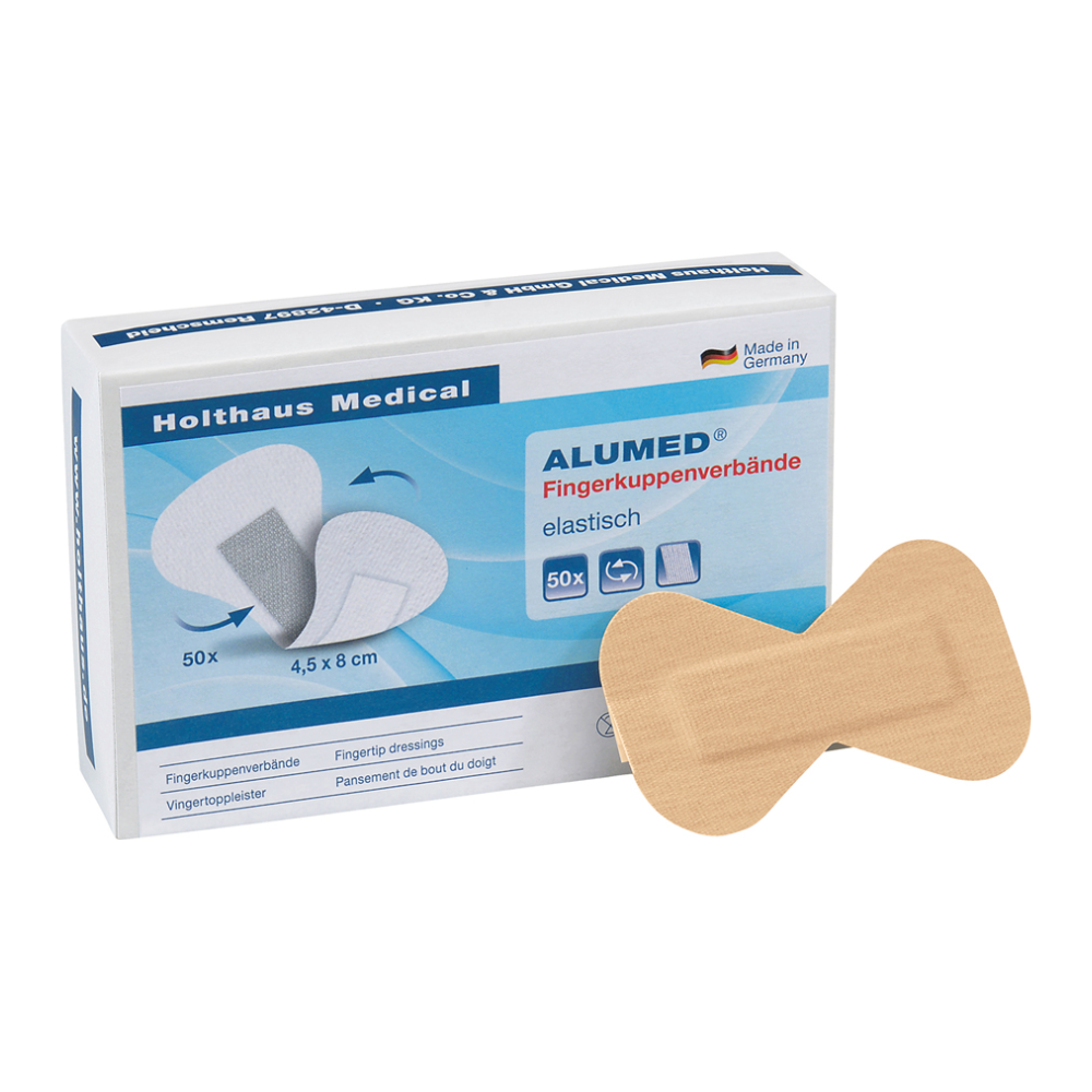 A pack of Holthaus Alumed® fingertip bandages, elastic with 50 fingertip bandages, with a single bandage depicted on the front. According to the packaging, the bandages are 4.5 cm x 8 cm in size and are manufactured in Germany by Holthaus Medical GmbH & Co. KG.
