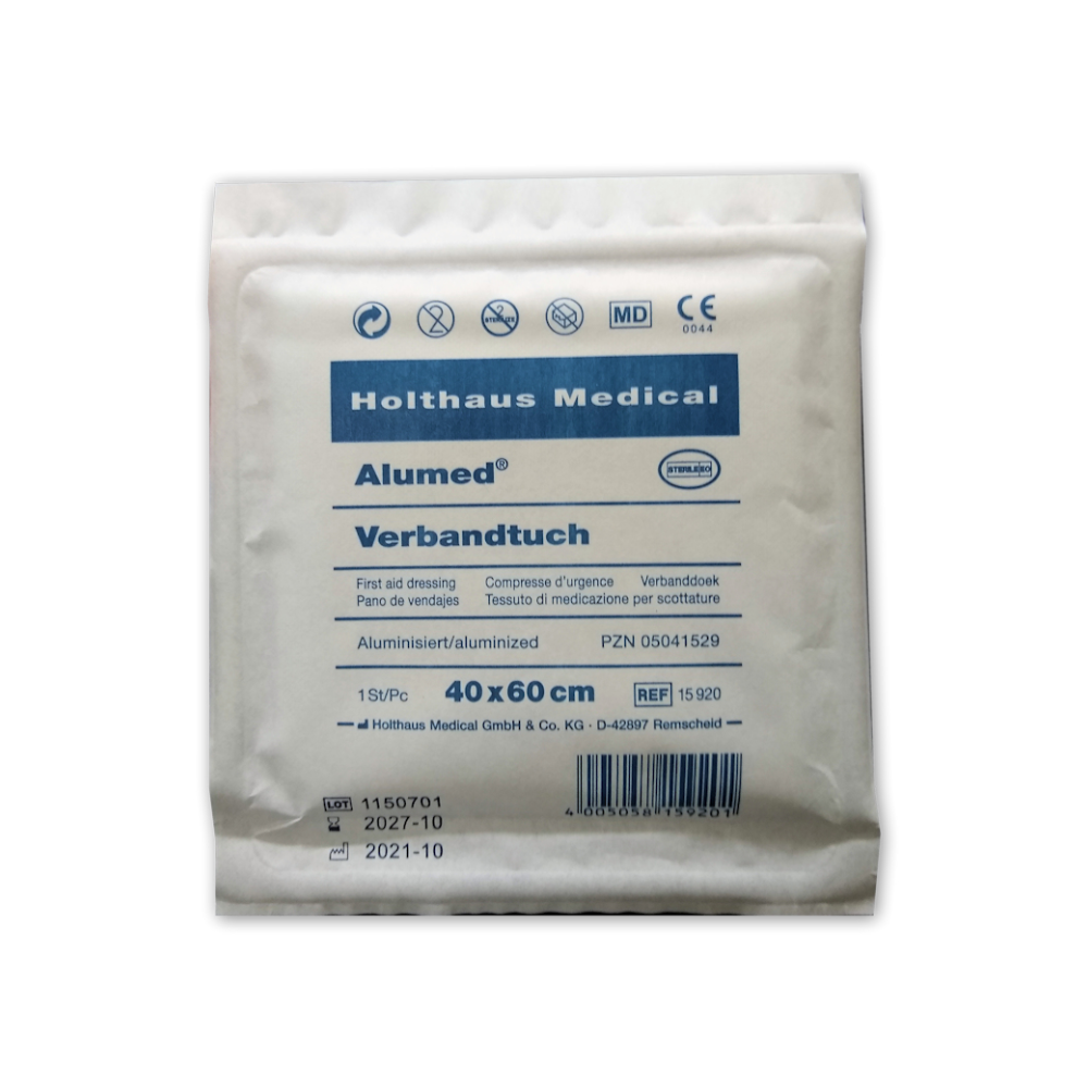 Das Holthaus Alumed® Verbandtuch der Holthaus Medical GmbH & Co. KG ist ein steril verpackter Verband mit der Aufschrift „Aluminium beschichtet“, der 40x60 cm misst und ein Stück enthält. Das Verfallsdatum ist Oktober 2027.