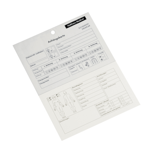 Die Holthaus Anhängekarte für Verletzte von Holthaus Medical GmbH & Co. KG ist ein ausführliches medizinisches Dokument, das Felder für Patientendaten, Absauganforderungen, Diagnose, Krankengeschichte und verwendete Materialien enthält. Es enthält Diagramme des menschlichen Körpers zum Notieren spezifischer Details und hat oben ein Loch. Dieses Produkt ist als Einzelpackung (1 Stück) erhältlich.