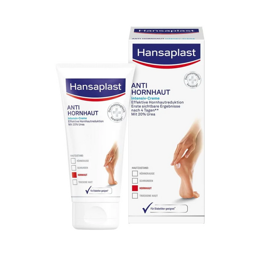 Ein Produktbild mit einer Tube Holthaus Anti Hornhaut Intensiv-Creme mit 20 % Urea der Beiersdorf AG neben der Verpackungsschachtel. Auf der Tube und der Schachtel sind Bilder zu sehen, die die Eigenschaften der Hautpflege demonstrieren.