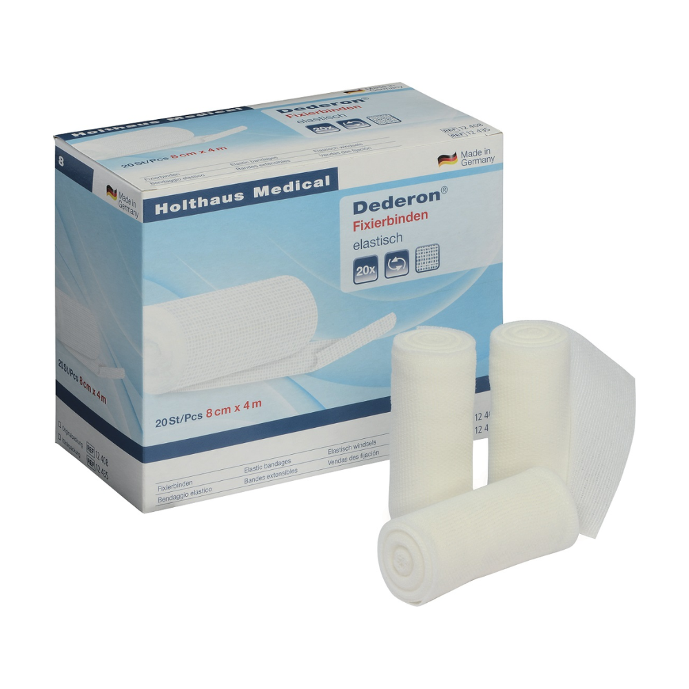 The image shows a box of Holthaus Dederon® fixation bandage from Holthaus Medical GmbH & Co. KG. The box includes an illustration of the bandages and details about this medical product, including that it contains 20 pieces with the dimensions 8 cm x 4 m. In front of the box, three rolled bandages are depicted.