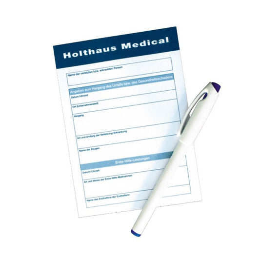 The Holthaus Medical Report Form from Holthaus Medical GmbH & Co. KG includes the sections necessary for accurate documentation, such as personal information and medical incidents. The form features a blank pen on a plain white background.