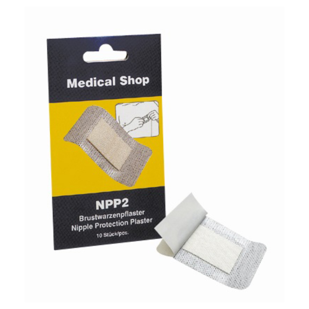 Pictured are the packaging and a single unit of a nipple protection patch Holthaus NPP2® Nipple Patch - 10 pieces | Package (10 pieces). With the inscriptions “Holthaus Medical GmbH & Co. KG” and “NPP2,” an instruction with a diagram is depicted. The patch itself, a Holthaus nipple patch, is shown with an adhesive strip removed. Contents: 10 pieces.