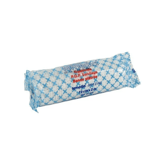 A rolled bandage for immobilization is packaged in blue-and-white packaging, bears the labels “Holthaus Temedia-Spezial Gipsbinde - 1 Binde” and “Bande plâtrée,” and measures 12 cm x 2 m. The brand name “Holthaus Medical GmbH & Co. KG” is printed on the packaging; it is suitable for immobilizing fractures.