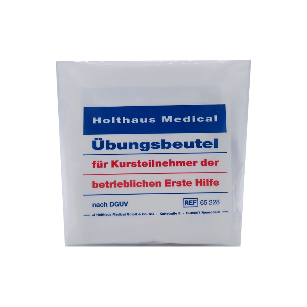 A picture of a white plastic package with blue and red text. The package is labeled "Holthaus practice bag for course participants of company first aid, 8-piece | Package (1 piece)" by Holthaus Medical GmbH & Co. KG, with the reference number "REF 65 228" in the lower right corner.