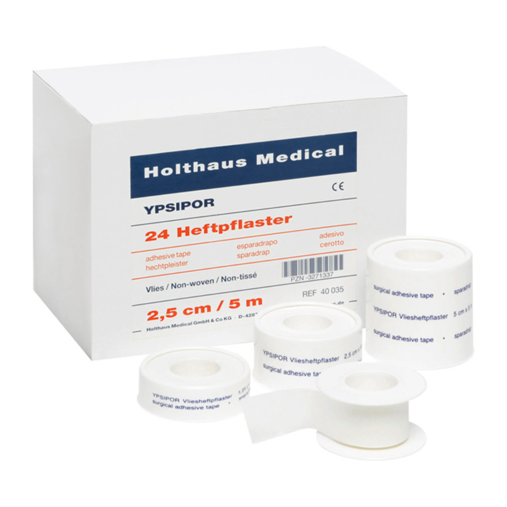 Displayed is a package labeled "Holthaus YPSIPOR Adhesive Plaster" by Holthaus Medical GmbH & Co. KG, which contains 24 rolls of adhesive tape. The box highlights the fleece material of the tape, its dimensions (2.5 cm x 5 m), and its suitability as a skin-friendly plaster. Several rolls are arranged in front of the box.