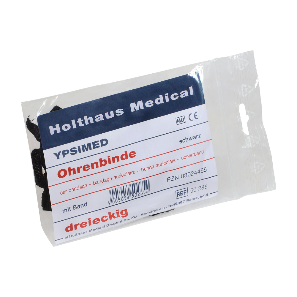 Bei der Holthaus Ypsimed Ohrenbinde der Holthaus Medical GmbH & Co. KG handelt es sich um eine verpackte Ohrbinde mit der Aufschrift „Holthaus YPSIMED Ohrenbinde“. Die Verpackung enthält eine dreieckige schwarze Ohrbinde mit einem Band zur Ohrfixierung, der PZN-Nummer 03024455 und der Referenznummer 50 285.